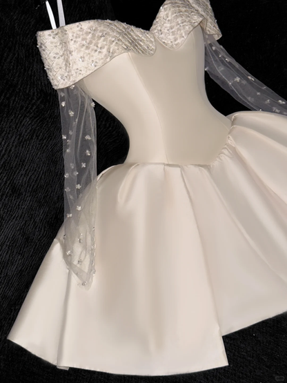 Cute A Line Off the Shoulder Beaded Ivory Satin Tulle Short Homecoming Dress Birthday Dress SH3099
