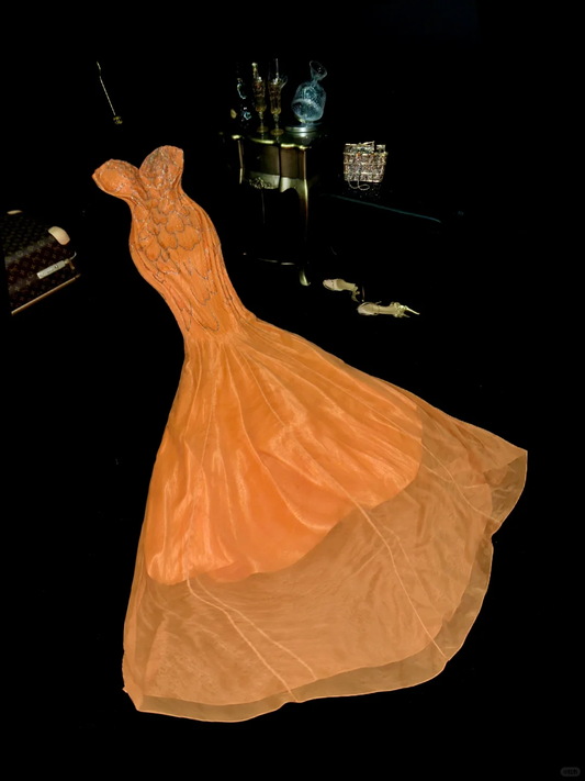 Stunning Mermaid Strapless Beaded Sequin Orange Chiffon Long Prom Dress Party Dress SH3043