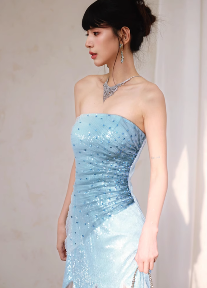 Blue Classy A Line Strapless Sequin Tulle Long Evening Dress Gown Dress SH3587