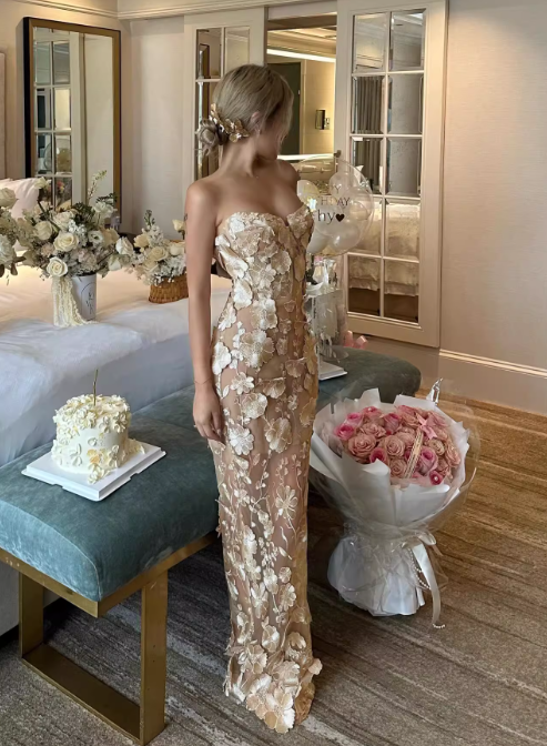 Champagne Sheath Strapless Appliques Tulle Long Party Dress Evening Dress SH3131