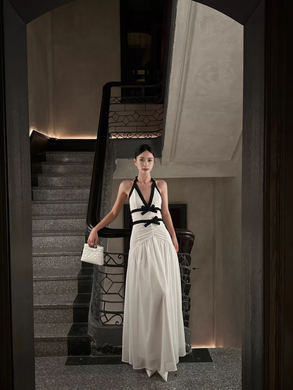 Sexy Halter V Neck Off White Chiffon Mermaid Long Wedding Guest Dress Backless Evening Dress With Bow D2087