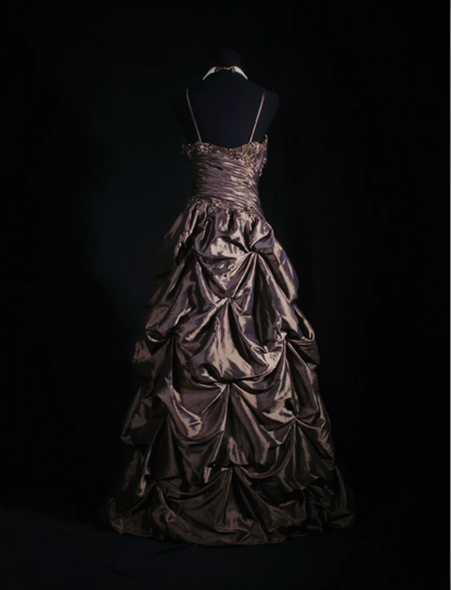Retro Spaghetti Straps Brown Satin Pleated Beaded Long Party Dress Birthday Dress D2226