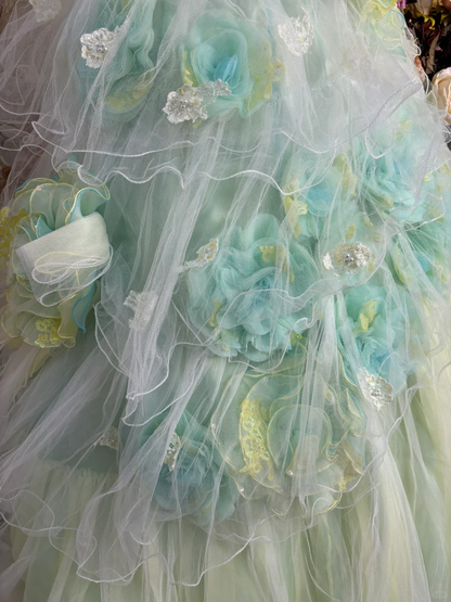 Green Ombre Ball Gown Spaghetti Strap Floral Tulle Long Prom Dress Evening Dress SH3718