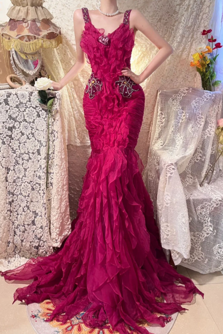 Retro Spaghetti Straps V Neck Chiffon Pleated Ruffles Mermaid Evening Dress Long Prom Gown D1192