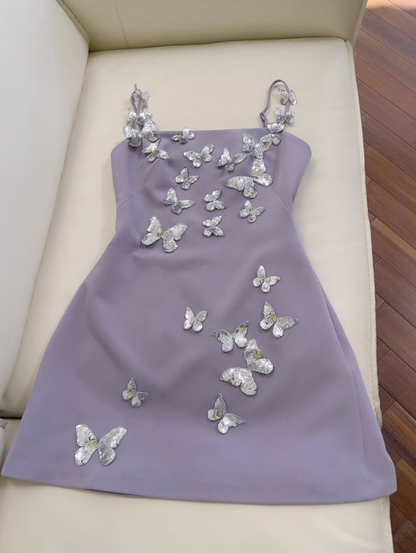 Purple A Line Spaghetti Strap Silver Sequin Butterfly Satin Homecoming Dress SH4501