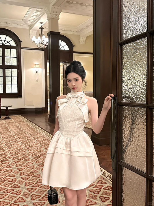 Open Back A Line Halter Bow Lace Ivory Satin Short Birthday Dress Homecoming Dress SH3401