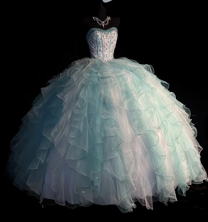 Chic Strapless Tulle Layered Ruffle Beaded Ball Gown Sweet 16 Dress Formal Birthday Quinceanera Dress D1831