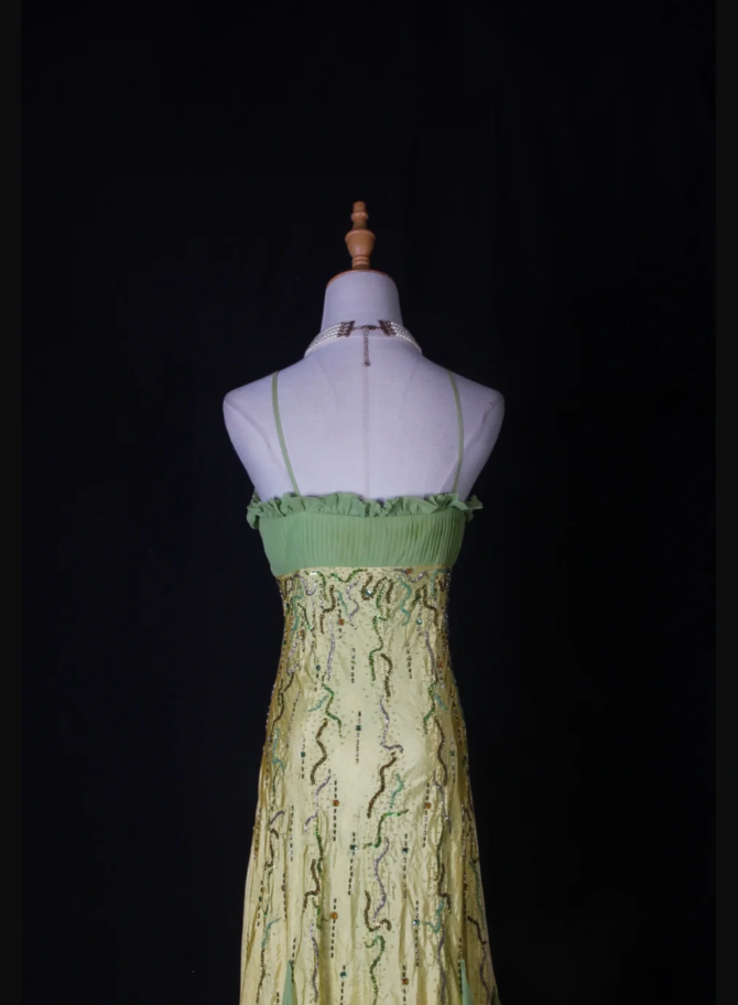 Chic Spaghetti Straps Yellow-green Satin Beaded Mermaid Long Party Dress Birthday Evening Gown With Ruffles D2267