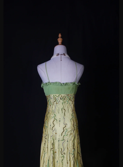 Chic Spaghetti Straps Yellow-green Satin Beaded Mermaid Long Party Dress Birthday Evening Gown With Ruffles D2267