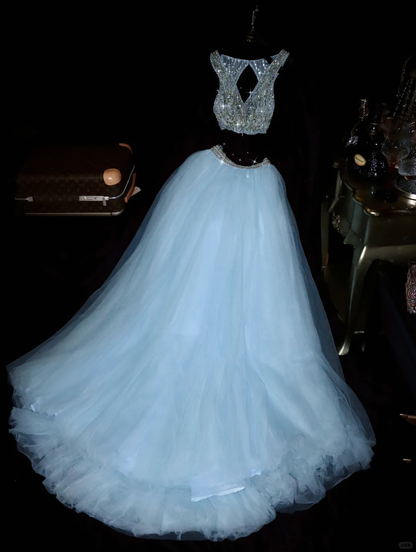 Shiny A Line V Neck Two Piece Beaded Baby Blue Tulle Long Prom Dress Evening Dress SH3141