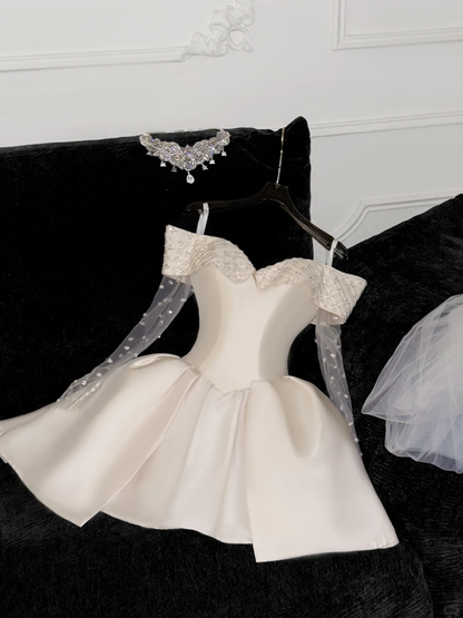 Cute A Line Off the Shoulder Beaded Ivory Satin Tulle Short Homecoming Dress Birthday Dress SH3099