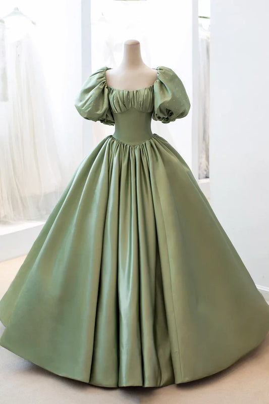 Sage Green Satin A-Line Bateau Short Sleeves Beaded Party Prom Dress