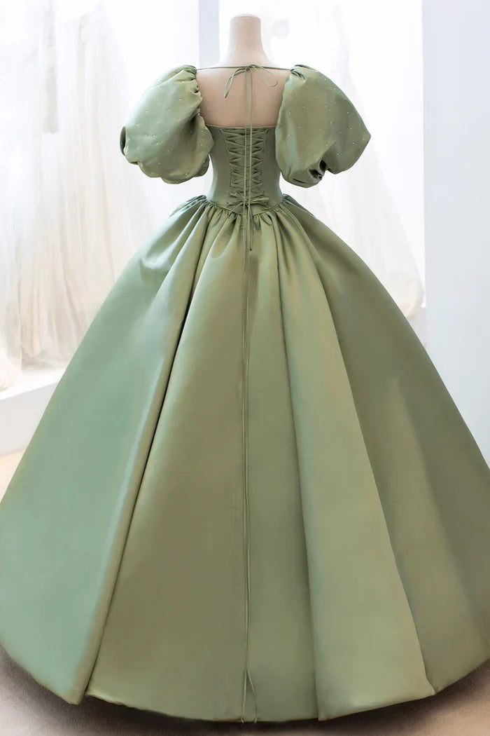 Sage Green Satin A-Line Bateau Short Sleeves Beaded Party Prom Dress