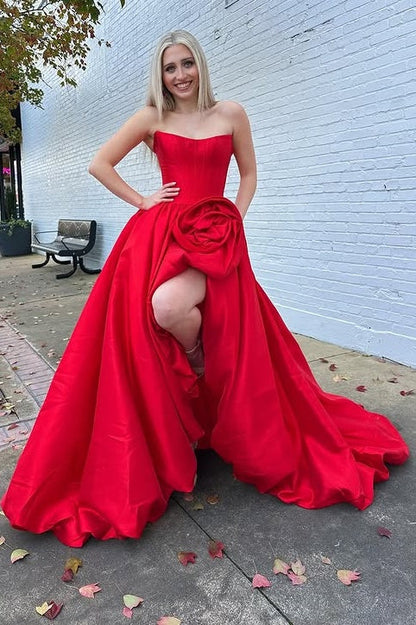 Satin A-Line Bateau Strapless Empire Party Prom Dress With Floral