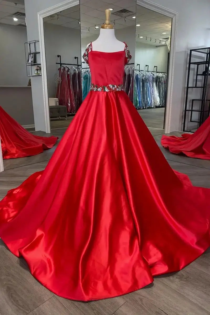 Satin A-Line Beaded Empire Long Girl Pageant Dress