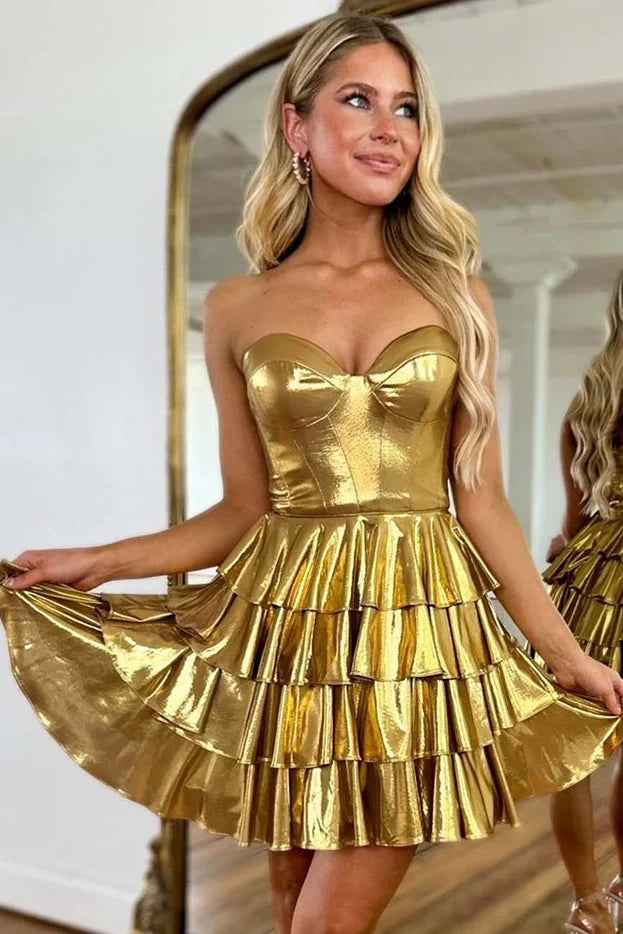 Satin A-Line Empire Strapless Tiered Short Homecoming Dress