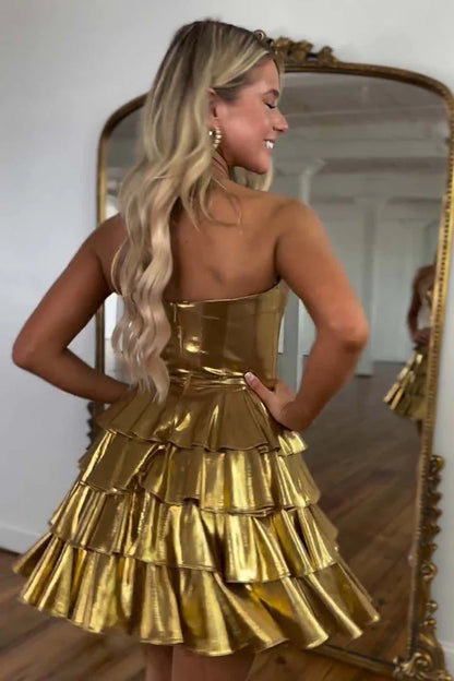 Satin A-Line Empire Strapless Tiered Short Homecoming Dress
