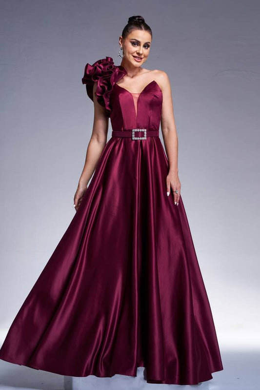Satin A-Line One Shoulder Long Party Evening Dress