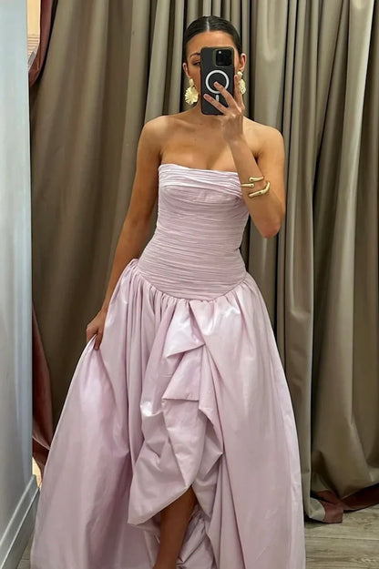 Satin A-Line Pleated Strapless Party Evening Dress With Slit