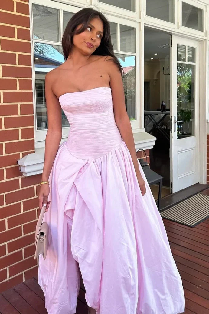 Satin A-Line Pleated Strapless Party Evening Dress With Slit