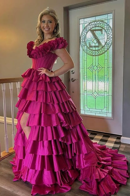 Satin A-Line Ruffled Off-Shoulder Empire Tiered Party Prom Dress