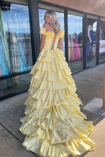 Satin A-Line Ruffled Off-Shoulder Empire Tiered Party Prom Dress