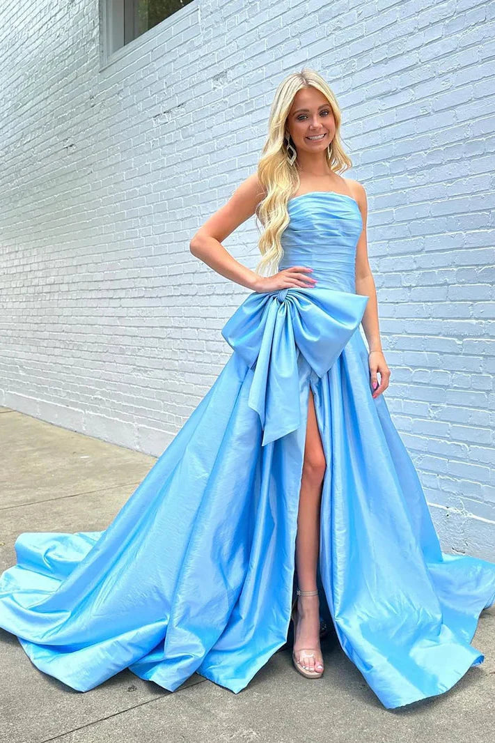 Satin A-Line Strapless Empire With Side Slit Prom Dress