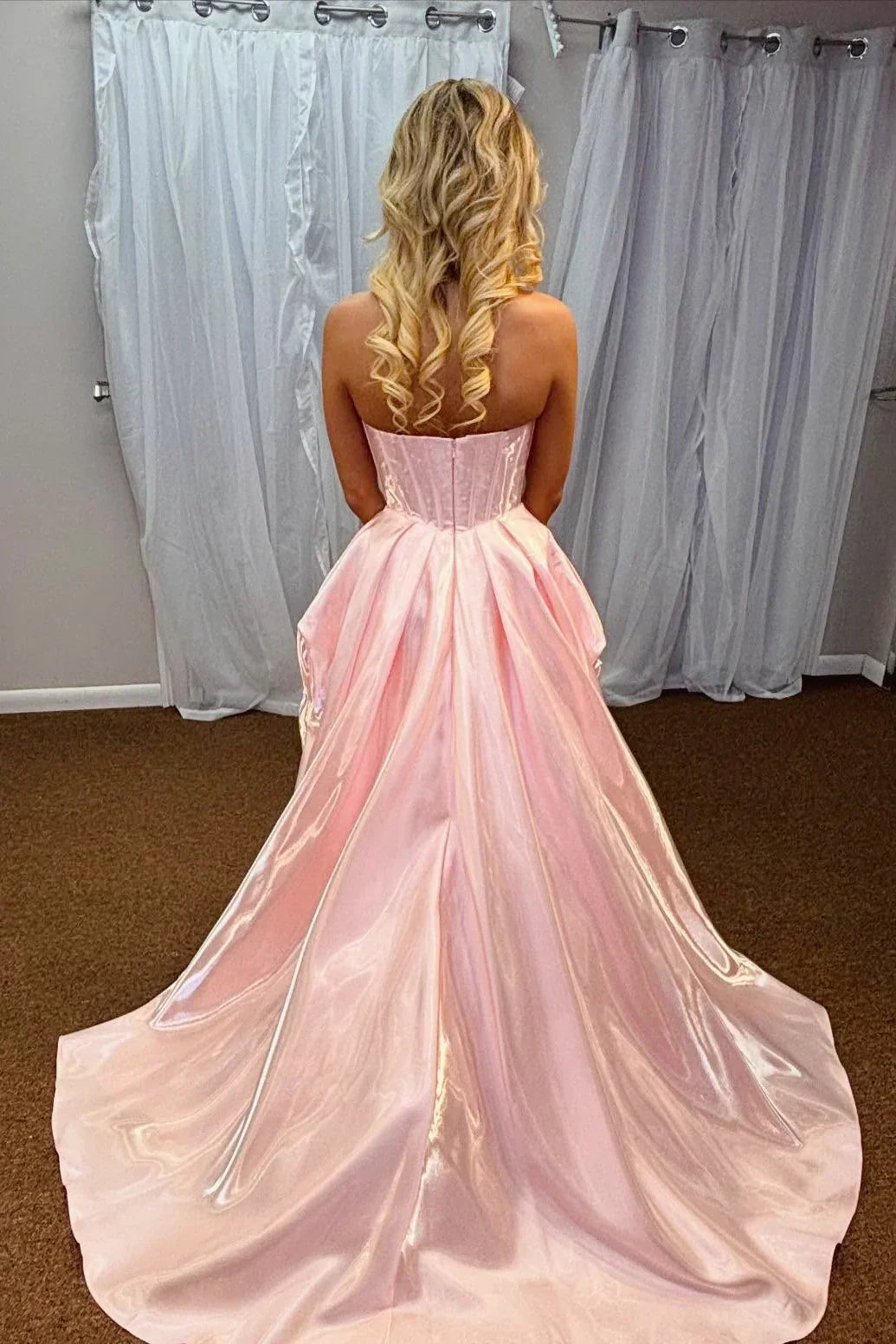 Satin A-Line Strapless Party Prom Dress With Train And Pocktes
