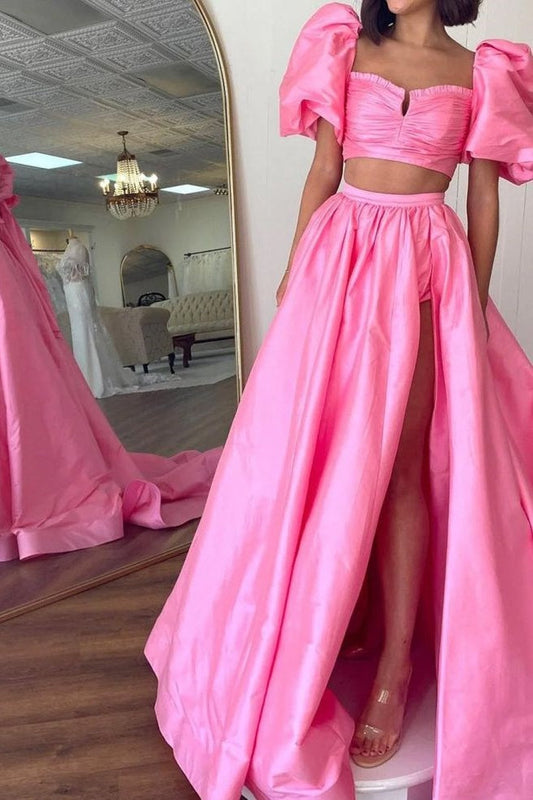 Satin A-Line Two Tone Short Sleeves Party Prom Dress With Slit