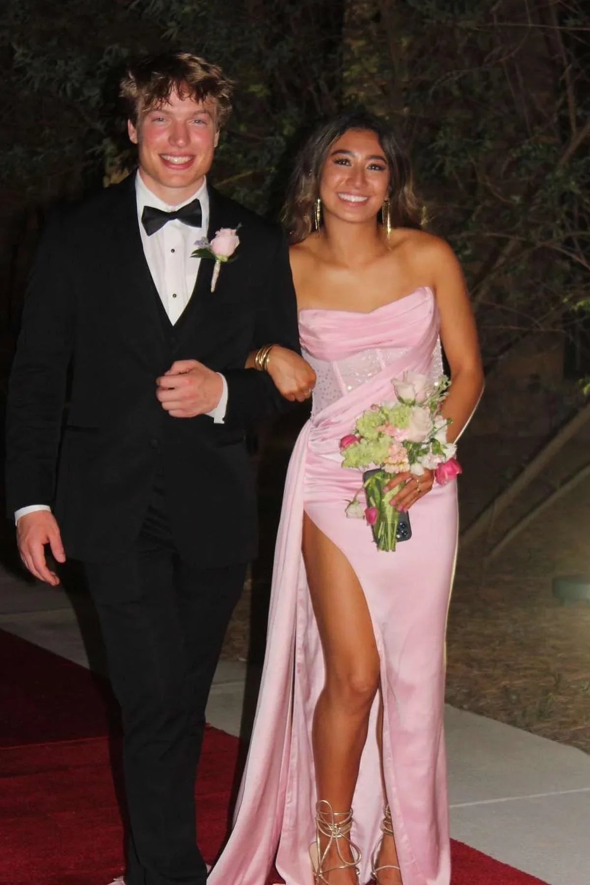 Satin Bateau Strapless Pleated Empire Prom Party Dress With Leg Slit