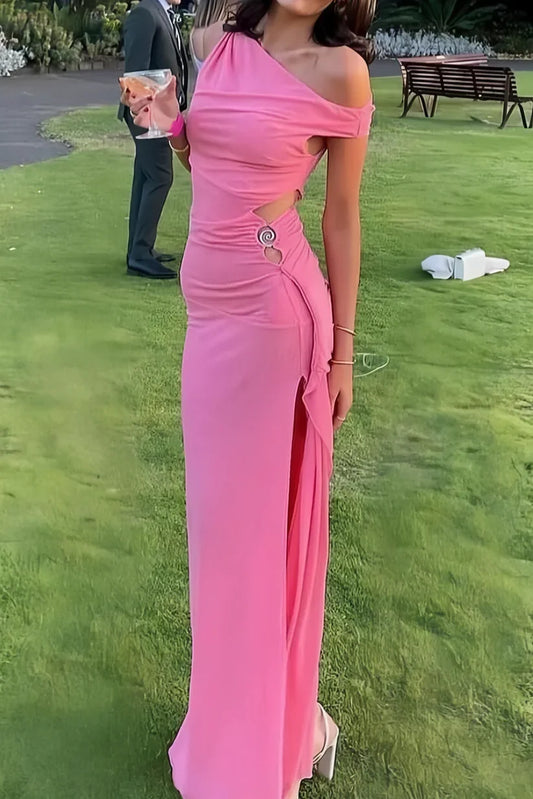 Satin Bodycon One Shoulder Long Party Prom Dress With High Slit