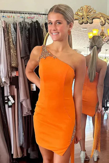 Satin Fitted One Shoulder Beaded Casual Homecoming Dress