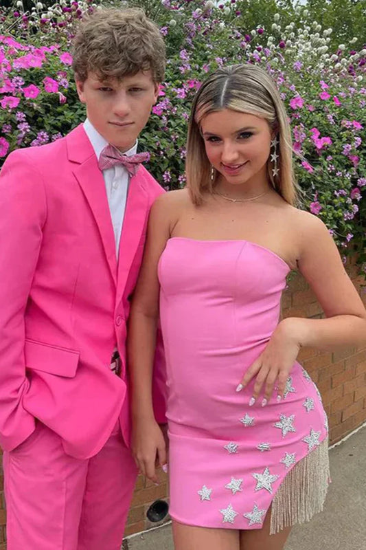 Satin Fitted Strapless Beaded Sexy Homecoming Dress