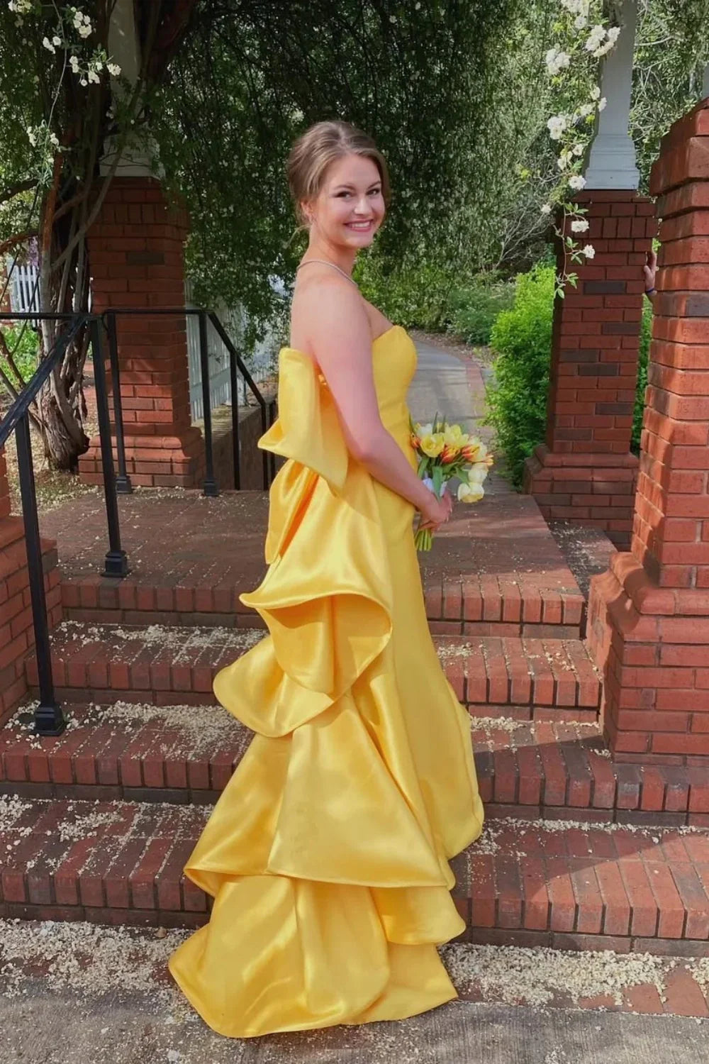 Satin Mermaid Strapless Long Party Prom Dress With Bow Train