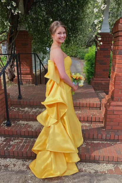 Satin Mermaid Strapless Long Party Prom Dress With Bow Train