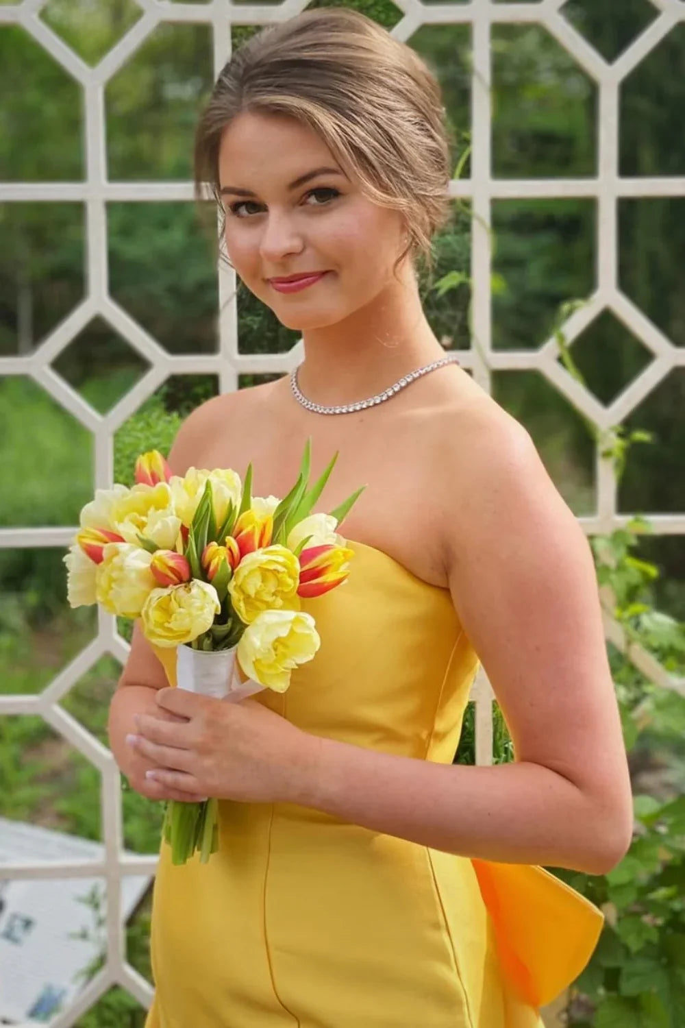Satin Mermaid Strapless Long Party Prom Dress With Bow Train