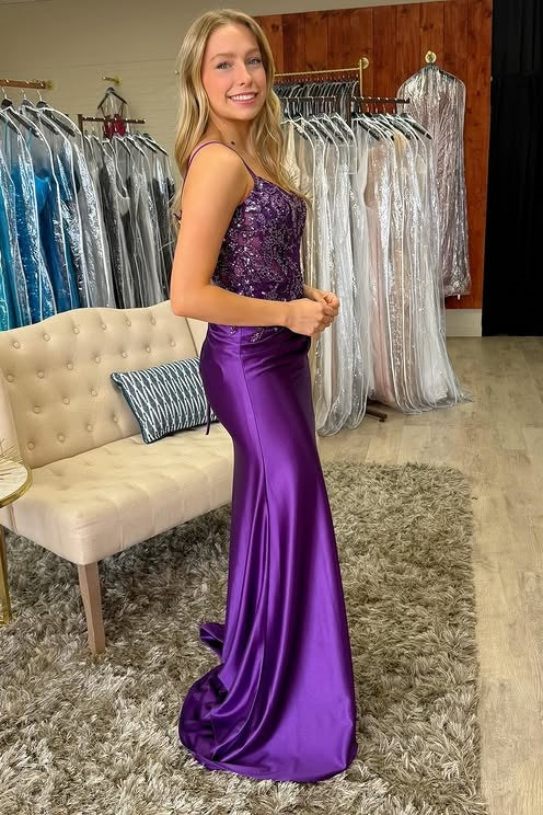 Satin Mermaid V-Neck Sleeveless Appliques Party Prom Dress