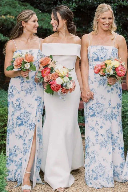 Satin Spaghetti Straps Floral Bridesmaid Dress With Slit
