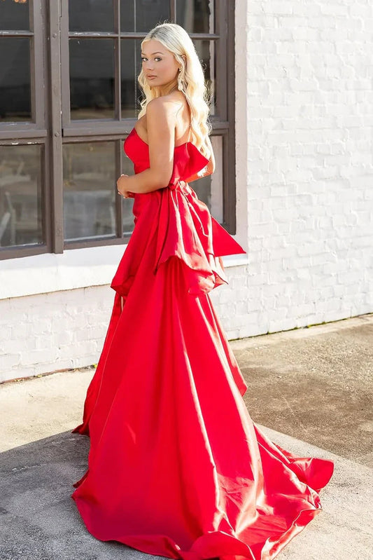 Satin Strapless Empire Mermaid Party Prom Dress With Bow Train
