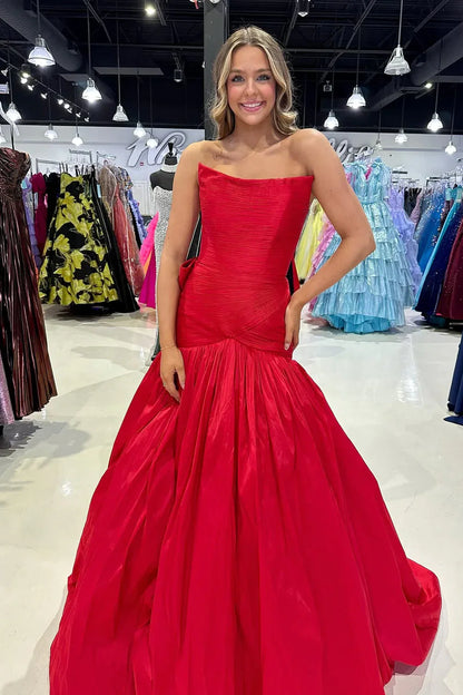Satin Strapless Pleated Party Prom Dress With Train And Bow