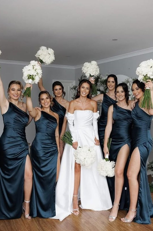 Satin one Shoulder Ruched Empire Bridesmaid Dress With Side Slit