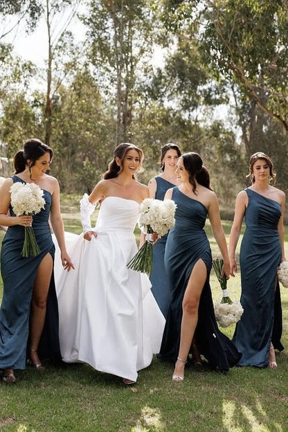 Satin one Shoulder Ruched Empire Bridesmaid Dress With Side Slit