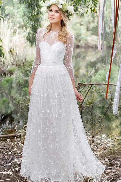 Scoop Backless Quarter Sleeves A-Line Lace Boho Wedding Dress