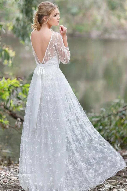Scoop Backless Quarter Sleeves A-Line Lace Boho Wedding Dress