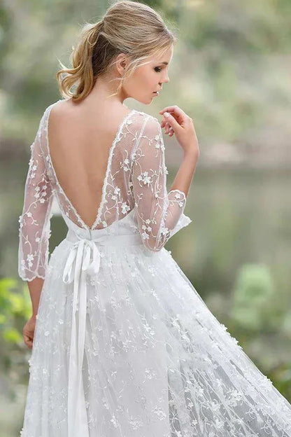 Scoop Backless Quarter Sleeves A-Line Lace Boho Wedding Dress