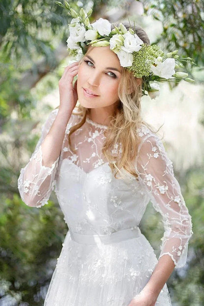 Scoop Backless Quarter Sleeves A-Line Lace Boho Wedding Dress