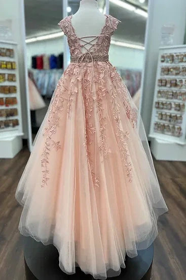 Scoop Sleeveless Tulle A-Line Lace Appliques Beaded Girl Pageant Dress