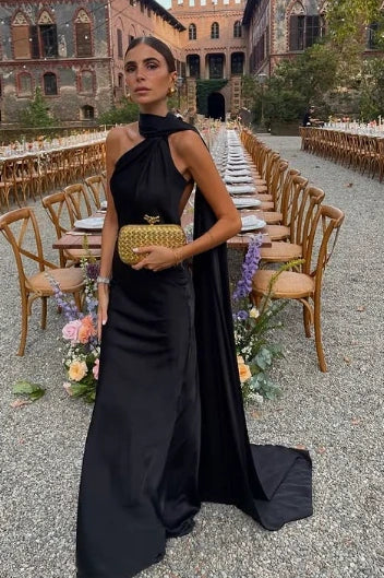 Sexy Black Satin High Neck Sleeveless Backless Party Prom Dress