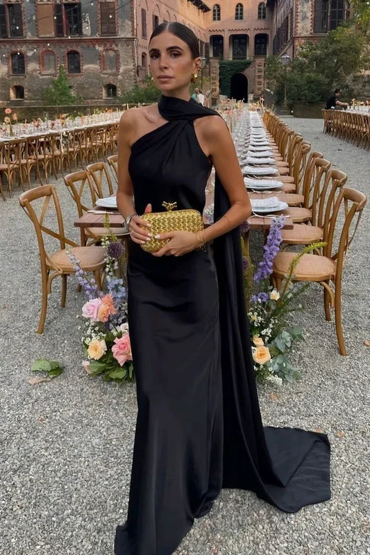 Sexy Black Satin High Neck Sleeveless Backless Party Prom Dress