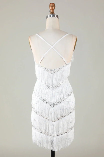 Sexy Glitter V-Neck Sleeveless Empire Beaded Fringed Homecoming Dress